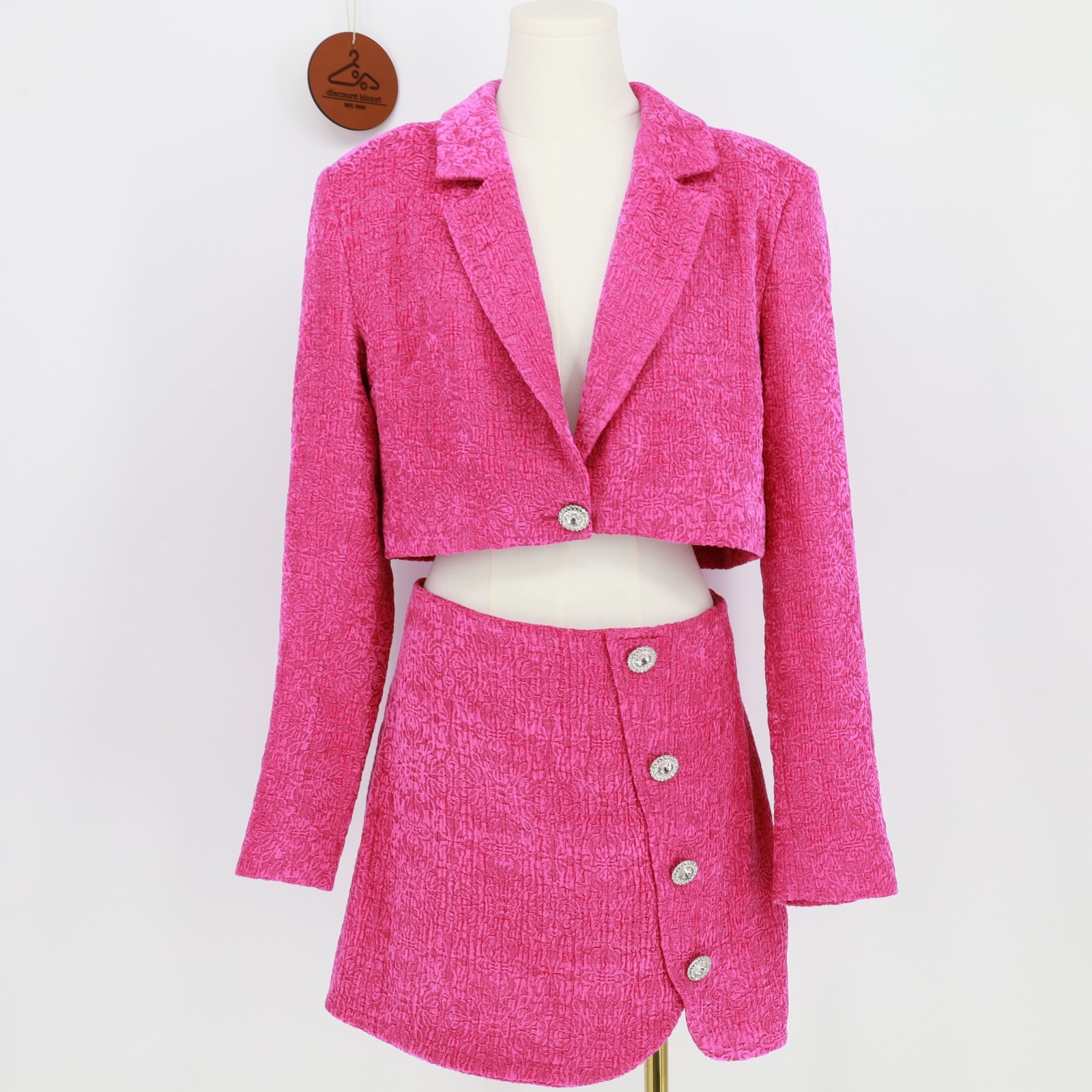 Majorelle Penelope Hot Pink Jacquard Cropped Blazer & Mini Skirt Set Size Medium